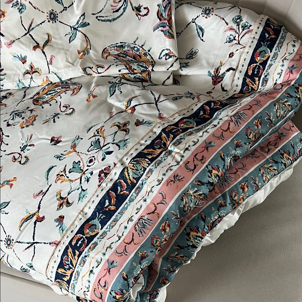 Floral Paisley Print Cotton Duvet Cover in Cream, Pink & Teal